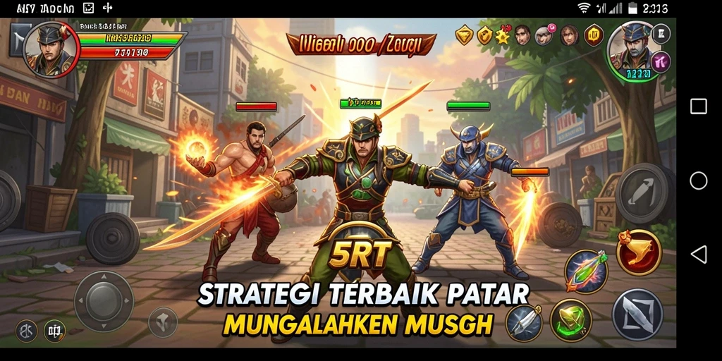 Tangkapan layar utama menampilkan aksi pertempuran strategis yang mendebarkan.