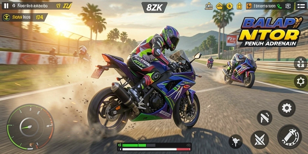 Tangkapan layar gameplay 8ZK menampilkan aksi balap motor yang mendebarkan.