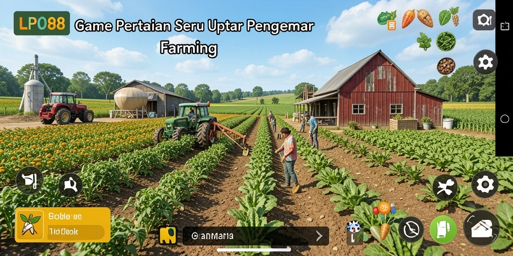 Screenshot gameplay LPO88 menampilkan ladang yang subur dan aktif.