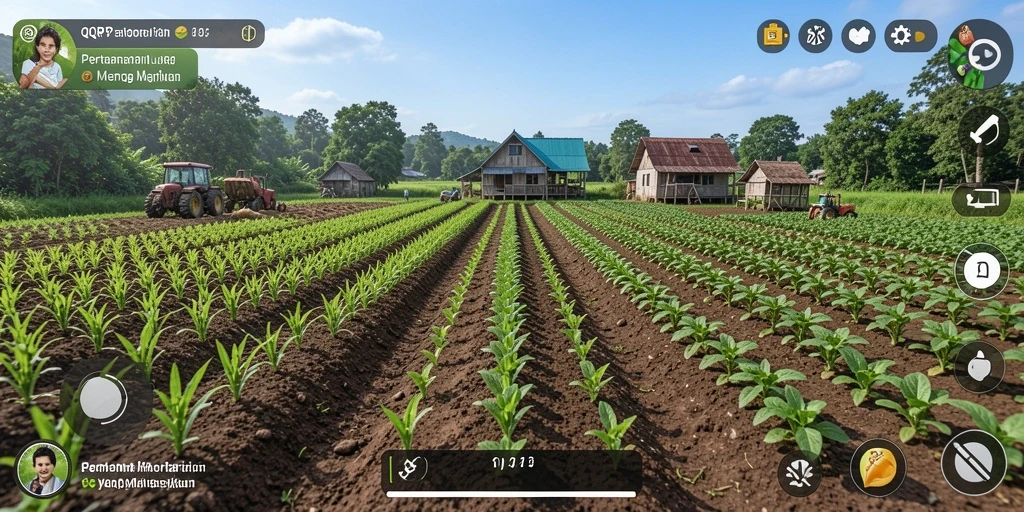 Tangkapan layar gameplay QQRP menampilkan suasana pertanian yang hidup dan berwarna.