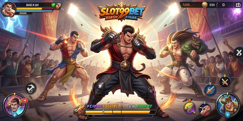 Tangkapan layar utama SLOT99BET menampilkan aksi pertarungan yang mendebarkan.