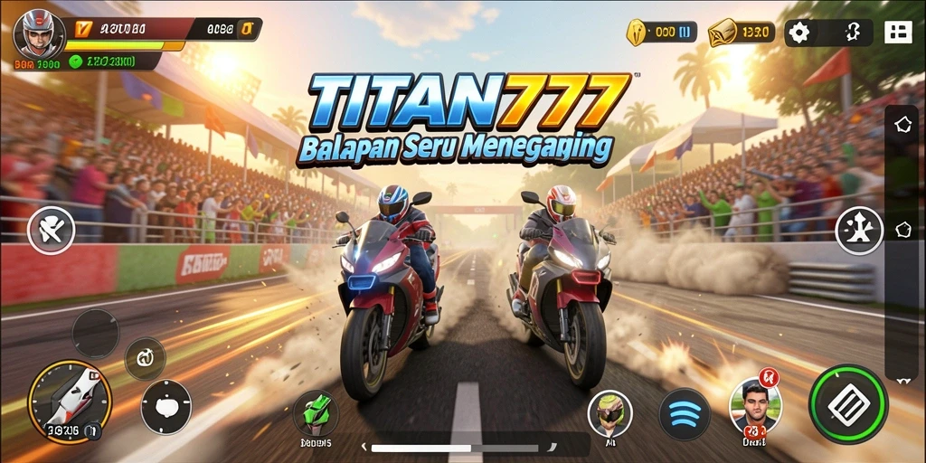 Screenshot utama menampilkan aksi balapan seru di TITAN777.