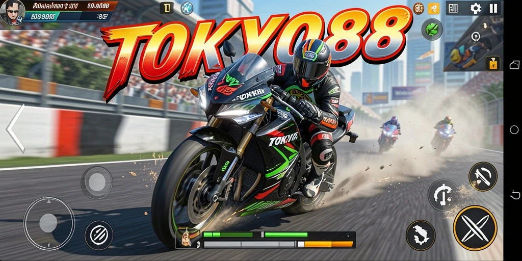 Tampilan gameplay mendebarkan di TOKYO88 saat balapan motor.